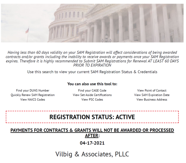 Certificate showing Vilbig & Associates is registered in the federal System for Award Managment (SAM)