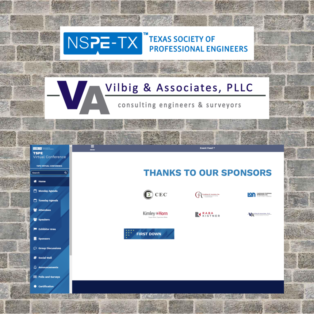 Texas Society of Professional Engineers logo with Vilbig & Associates logo and a thank you to our sponsors screen shot from the TSPE virtual conference