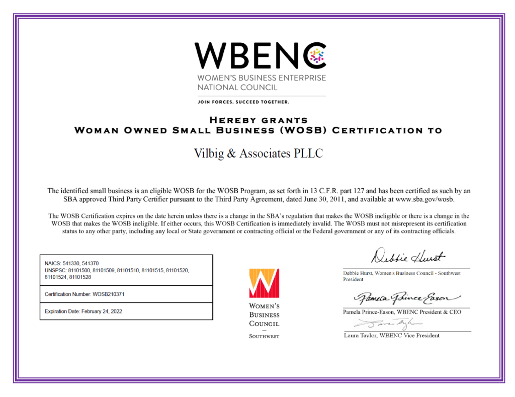 WBENC Certificate for Vilbig & Associates